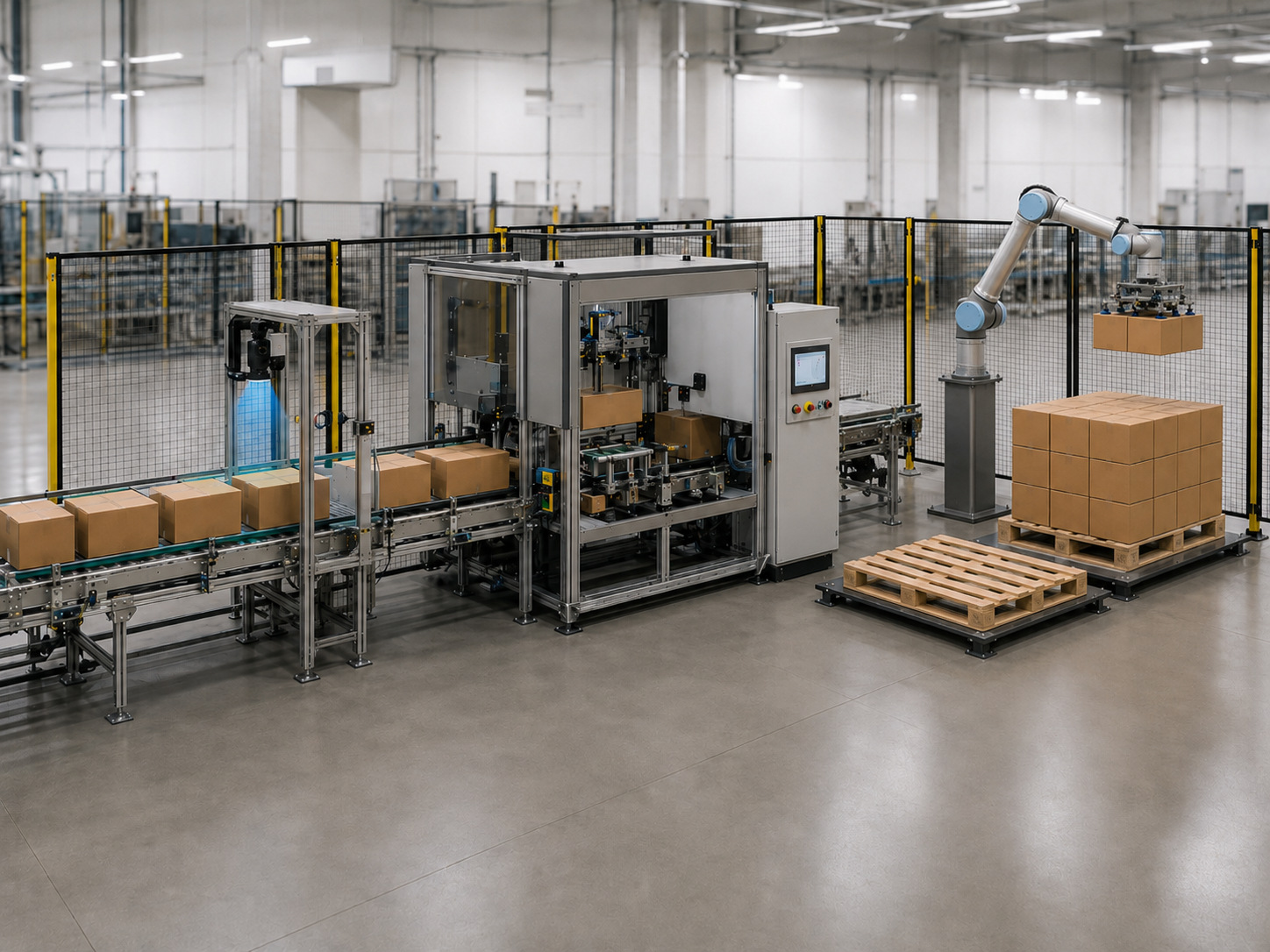 Operator bedient cobot palletiseerinstallatie